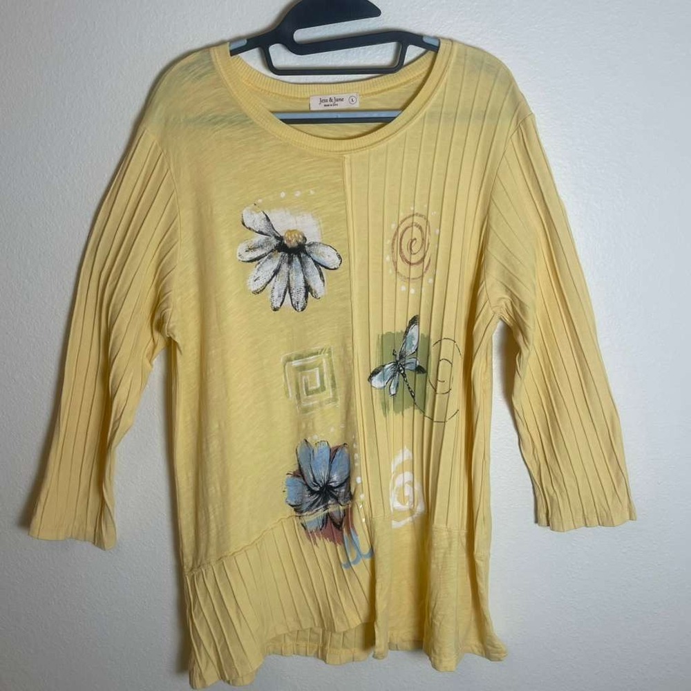 Jess & Jane Yellow Cotton Floral Dragonfly‎ Ribbed 3/4 Sleeve Top Womens L